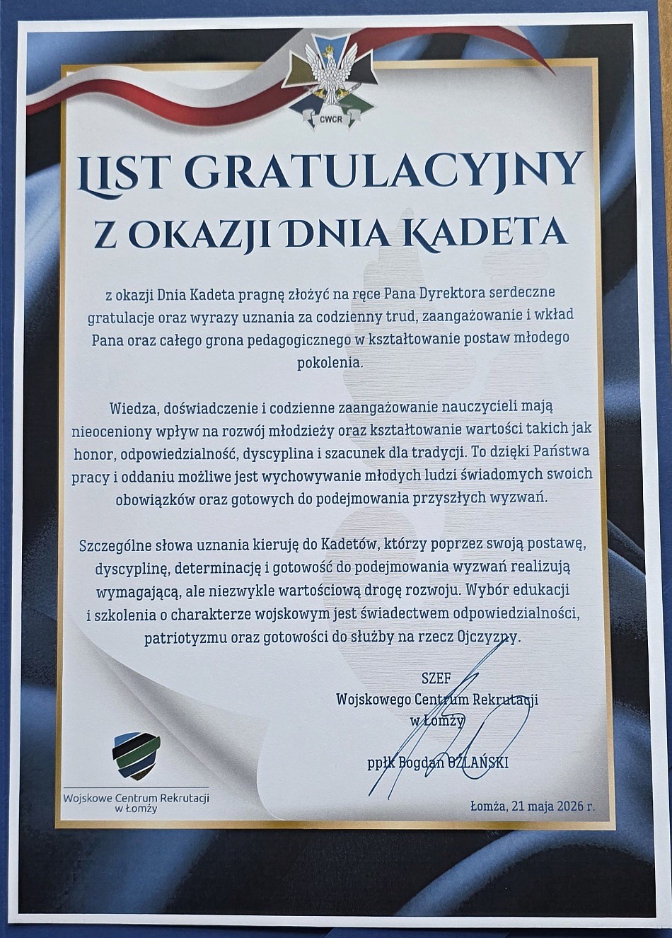 List gratulacyjny z okazji dnia kadeta